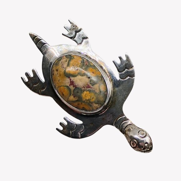 Vtg CII Mexico 925 Sterling Silver Leopard Jasper Sea Turtle Brooch Pin 14.7g